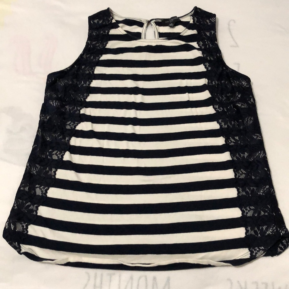 The Limited Mixed Media Navy Blue Stripe Cotton and Lace Tank Top size M Petite